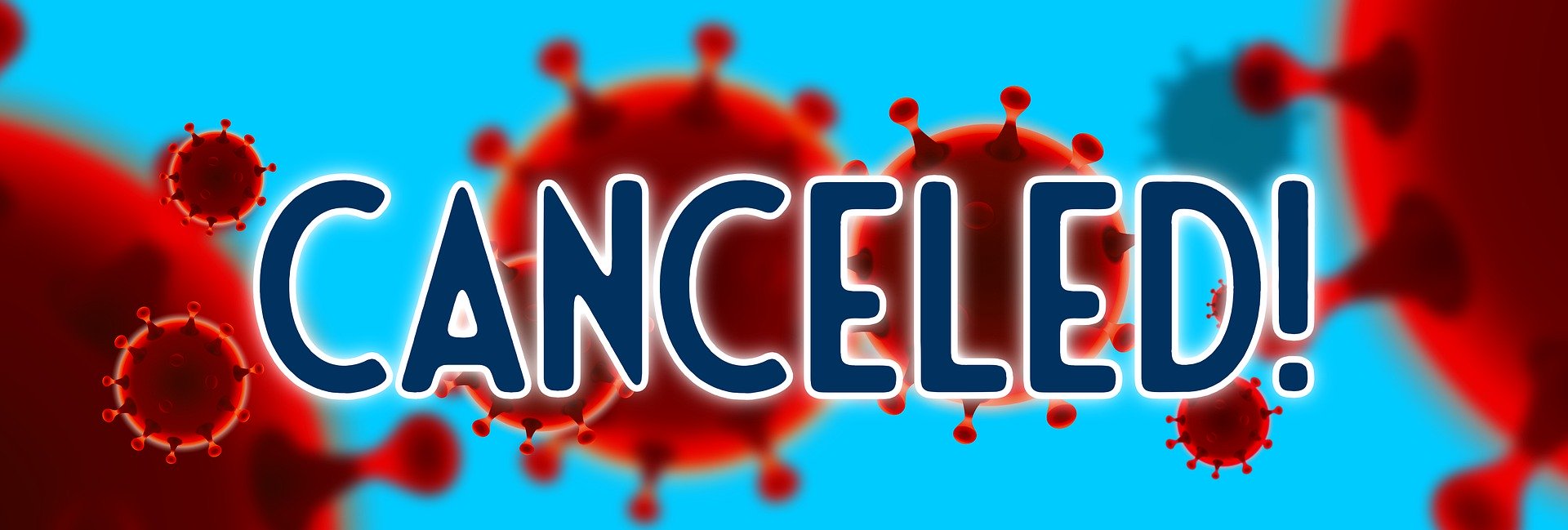 Red sphere meant to depict the coronavirus with the word "Canceled"