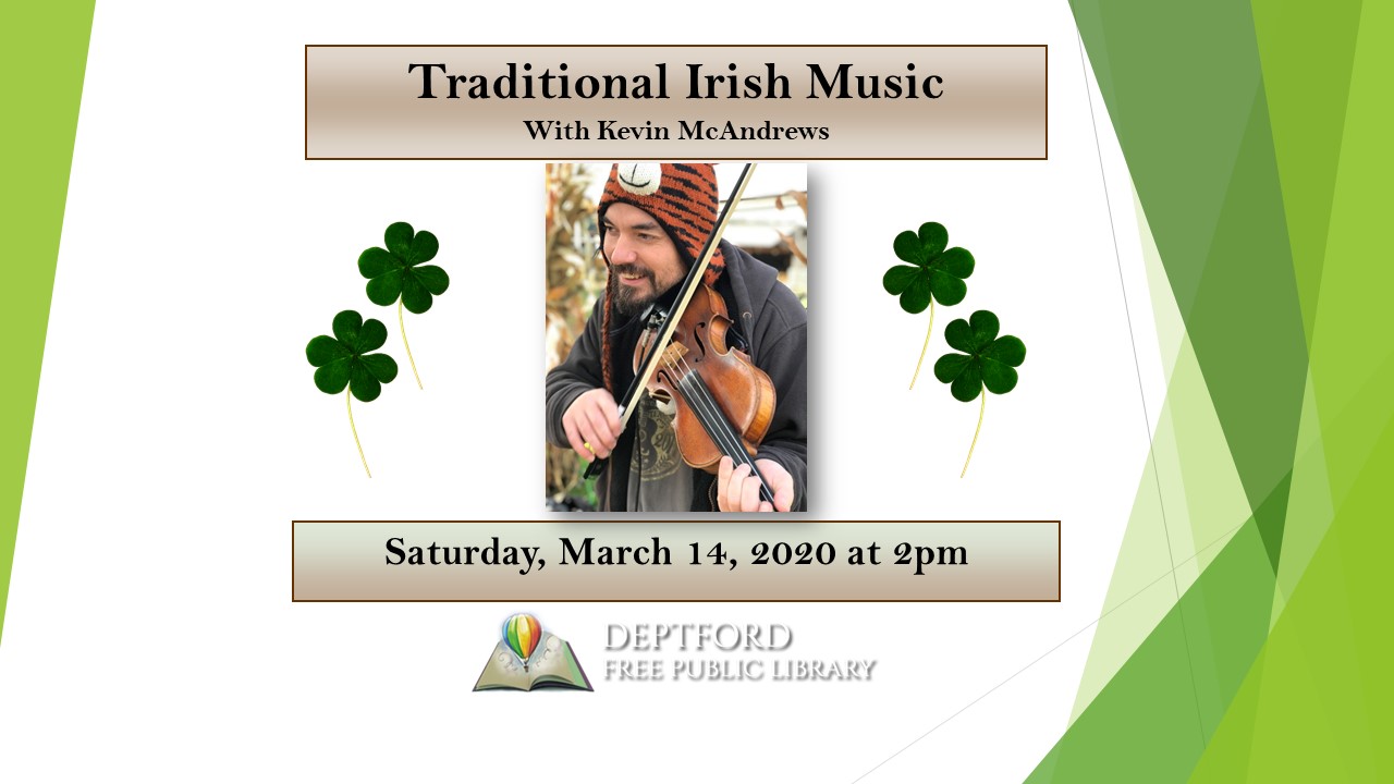Picture of a man playing the fiddle (violin) with shamrocks surrounding him.