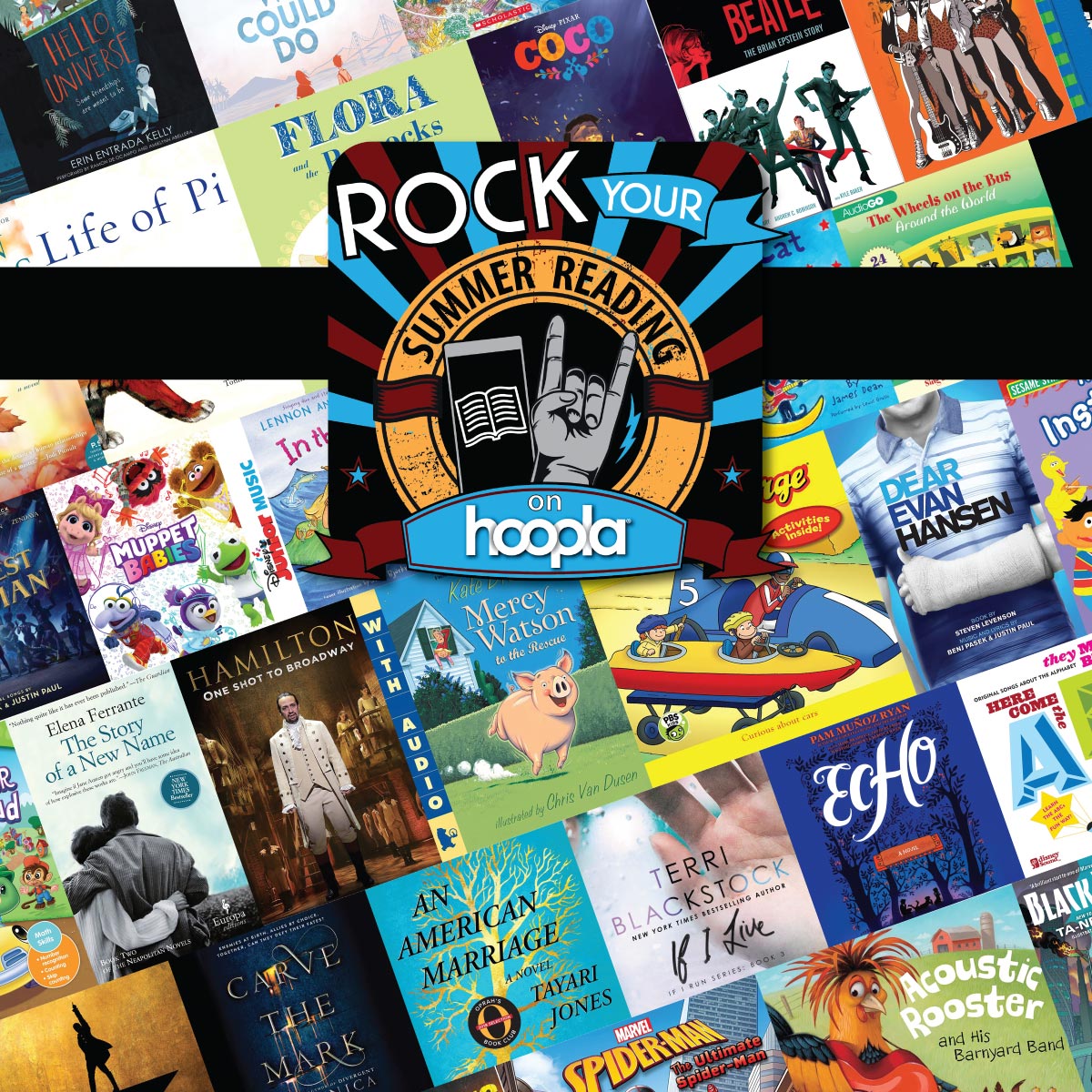 Rock out this summer with hoopla, book covers in background