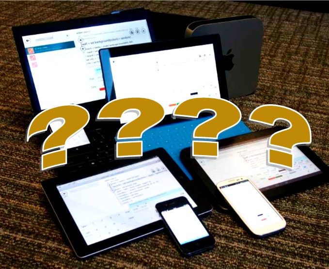 Picutre of laptops and tablets with gold questions marks on top.