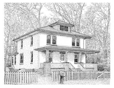 Drawing of the Museum of American History at Deptford, two story house