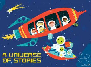 Cartoon drawing of a spaceship filled with children astronauts in space.