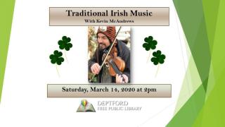 Picture of a man playing the fiddle (violin) and shamrocks surrounding him.
