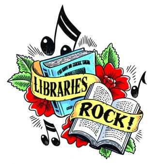 Text states: Libraries Rock!  Over open books and music notes in background