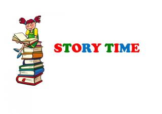 Little girl with red pigtails sits on top of a stack of books, caption says "Story Time"